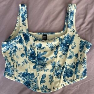 SHEIN Cream and Blue Floral Tank Top